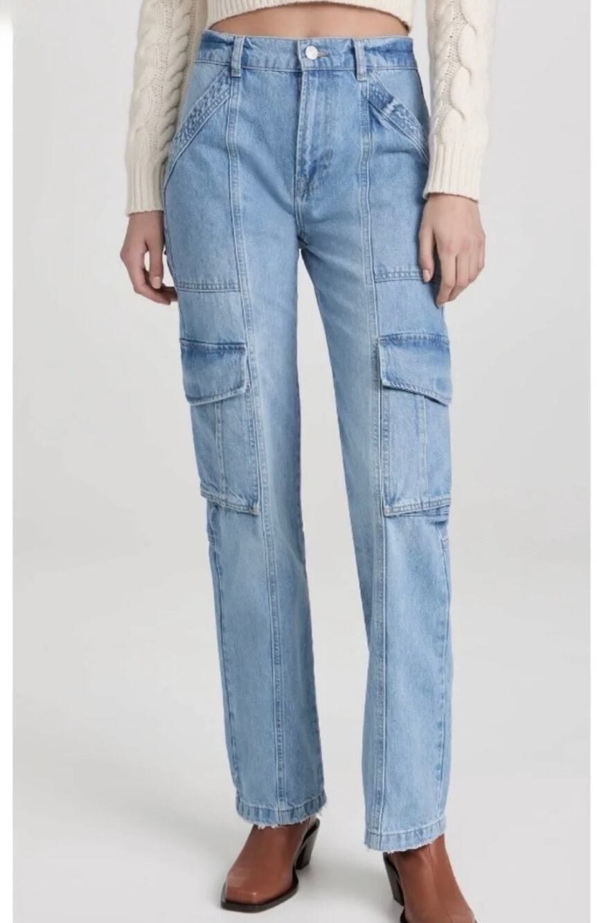 FRAME High Rise Utility Straight Leg Cargo Jeans in Acapella - Blue Denim - 27